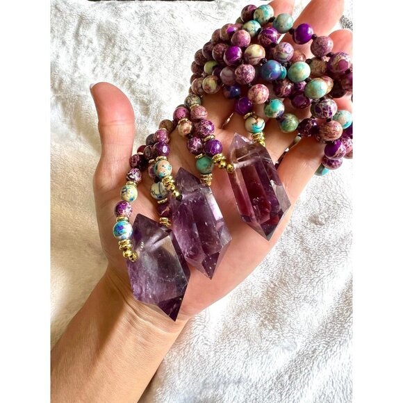 Galaxy Jasper + DT Amethyst Mala Necklace Pendant - Picture 1 of 10